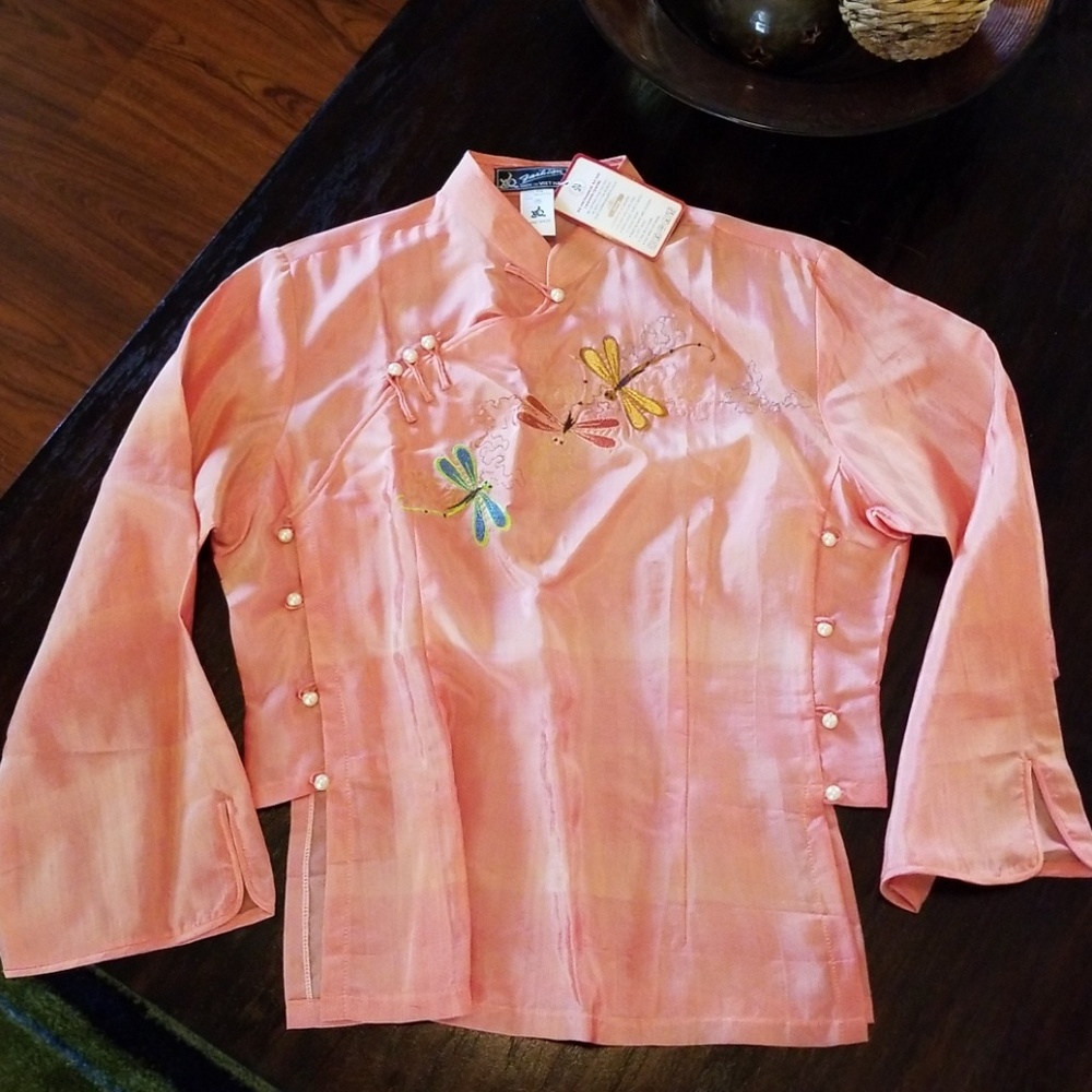 Coral Silk dragon fly blouse